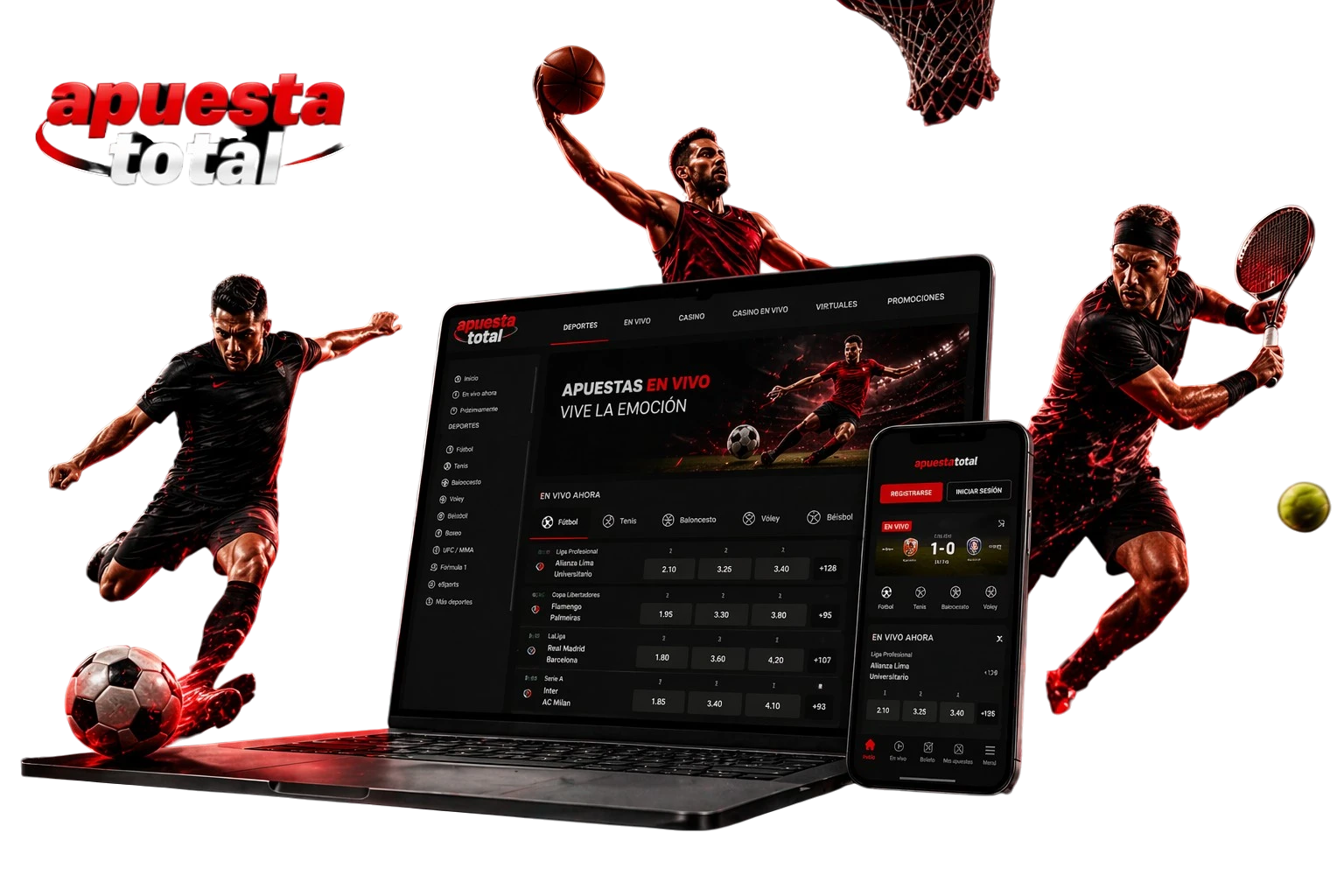 Plataforma Apuesta Total con apuestas deportivas en laptop y móvil